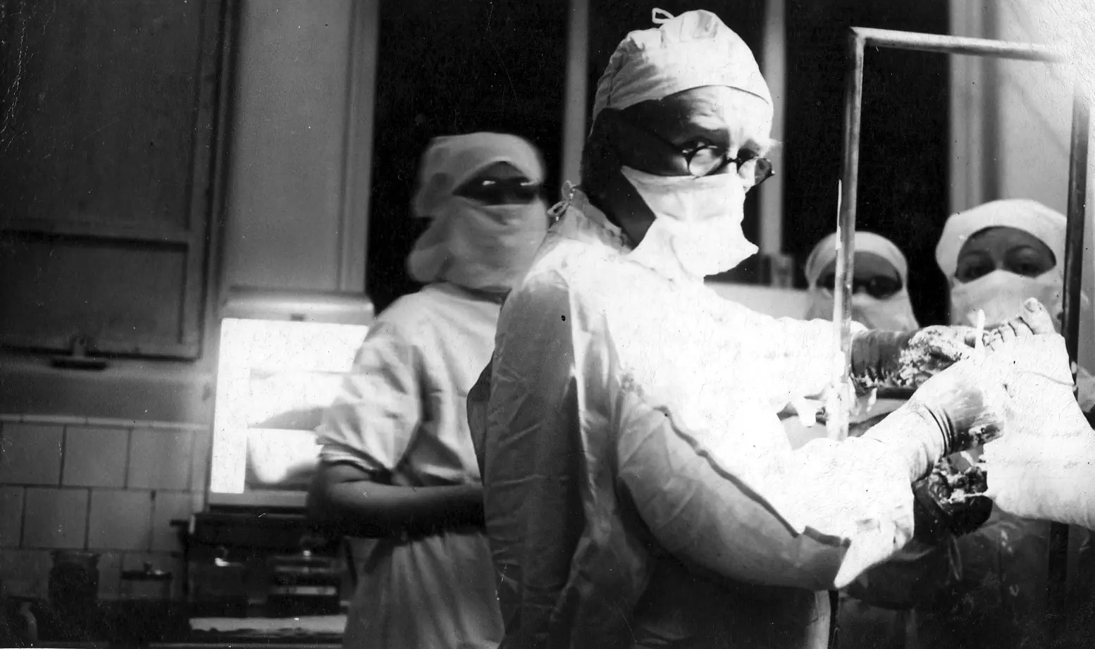 Nan in an operating theatre (black and white)
