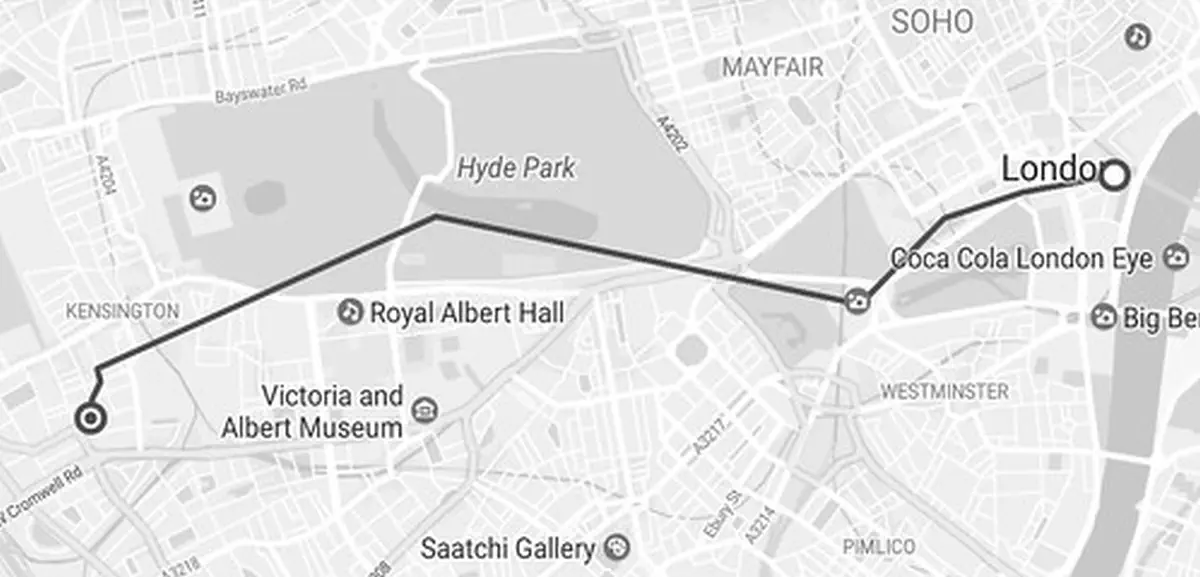 Map of the walk from Embankment to Earl's Court